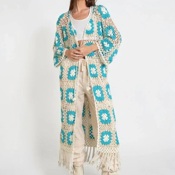 POL OS Crochet Granny Square Duster Cardigan Blue White Fringe Boho Coverup Y2K - Picture 1 of 10